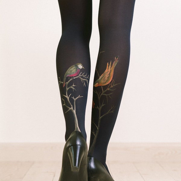 Unique tights for women with hand painted motives - Birds and berries