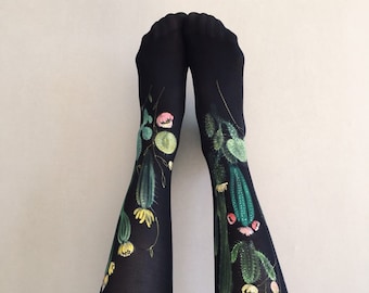 Unique tights for women with hand painted motives "Cacti"
