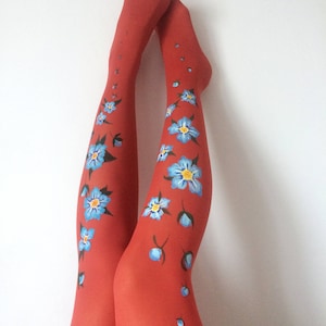 Unique tights for women with hand painted motives Forget Me Not image 3