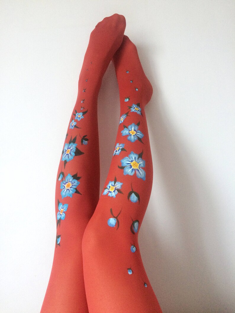 Unique tights for women with hand painted motives Forget Me Not image 3