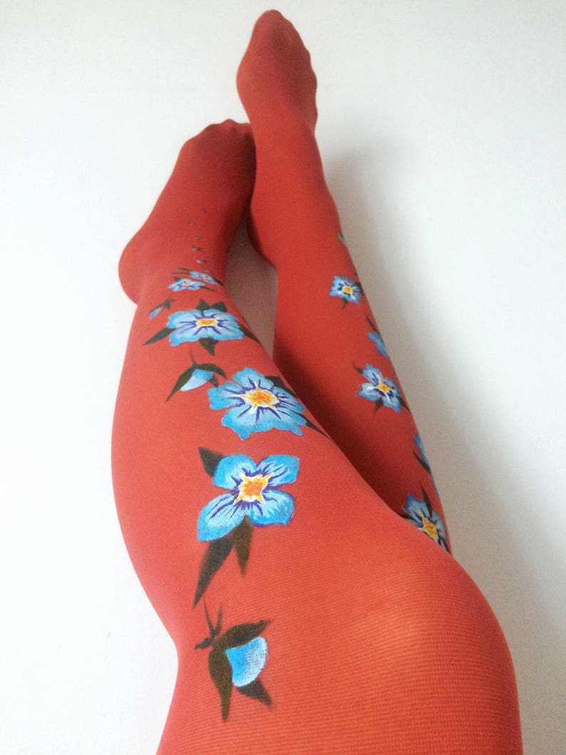 Unique tights for women with hand painted motives Forget Me Not image 5