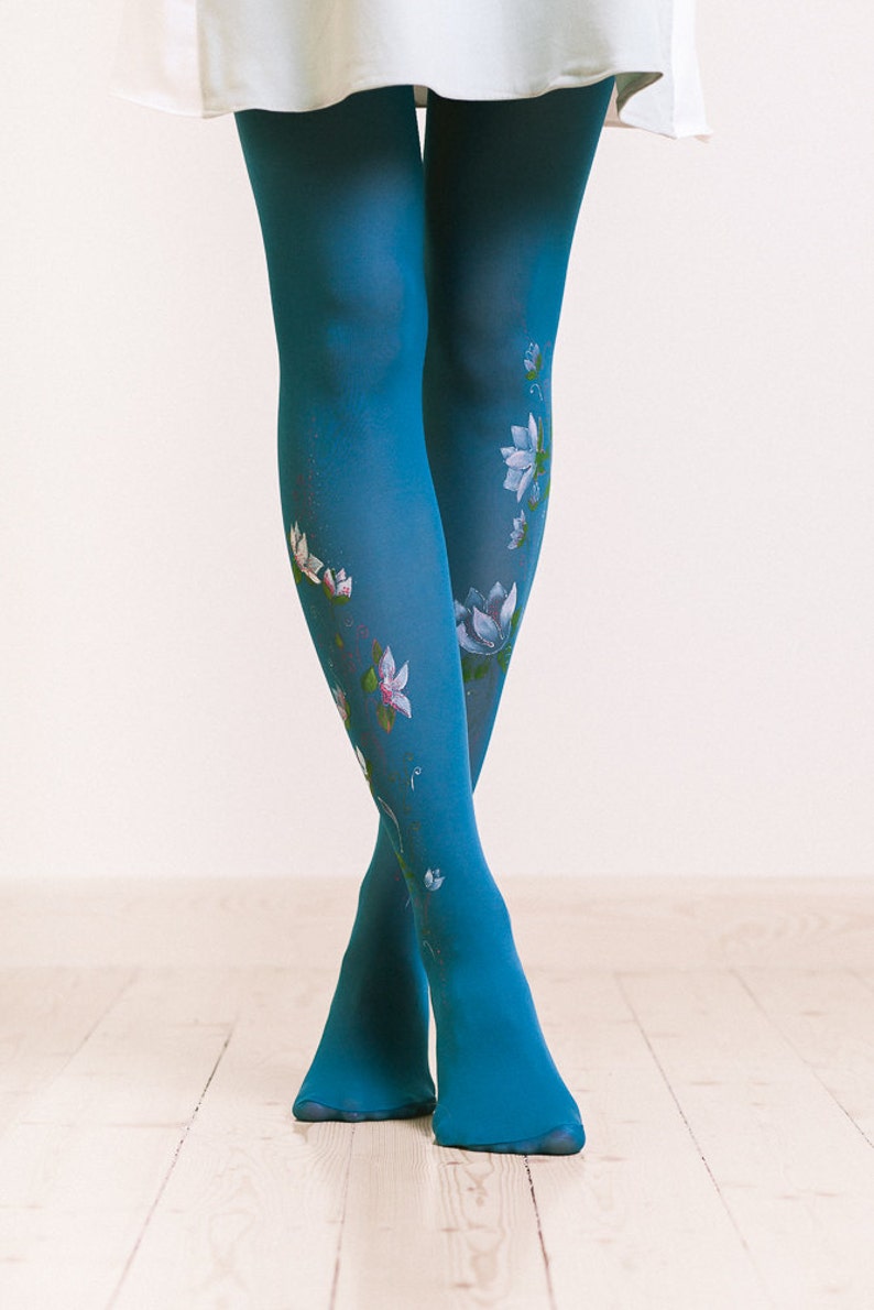 Unique tights for women with hand painted motives Water lilies image 2