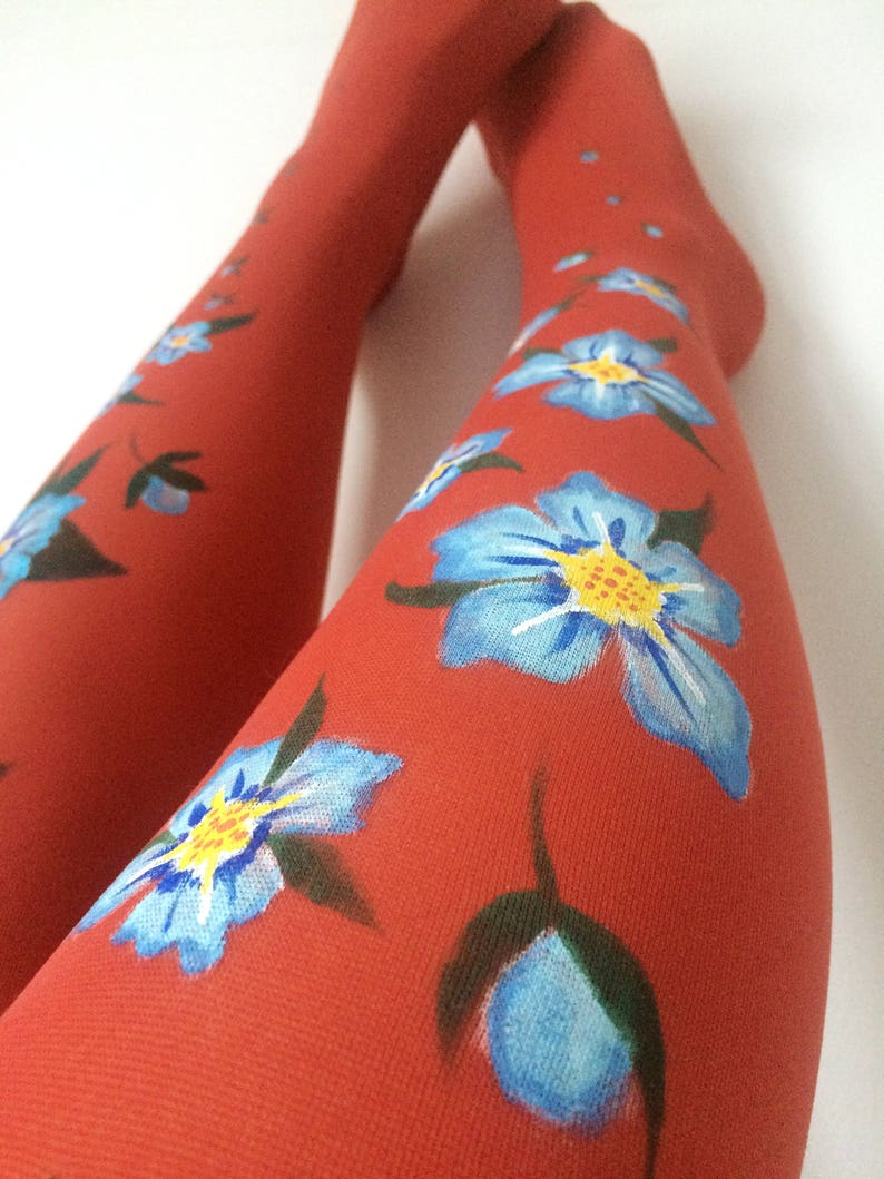 Unique tights for women with hand painted motives Forget Me Not image 4