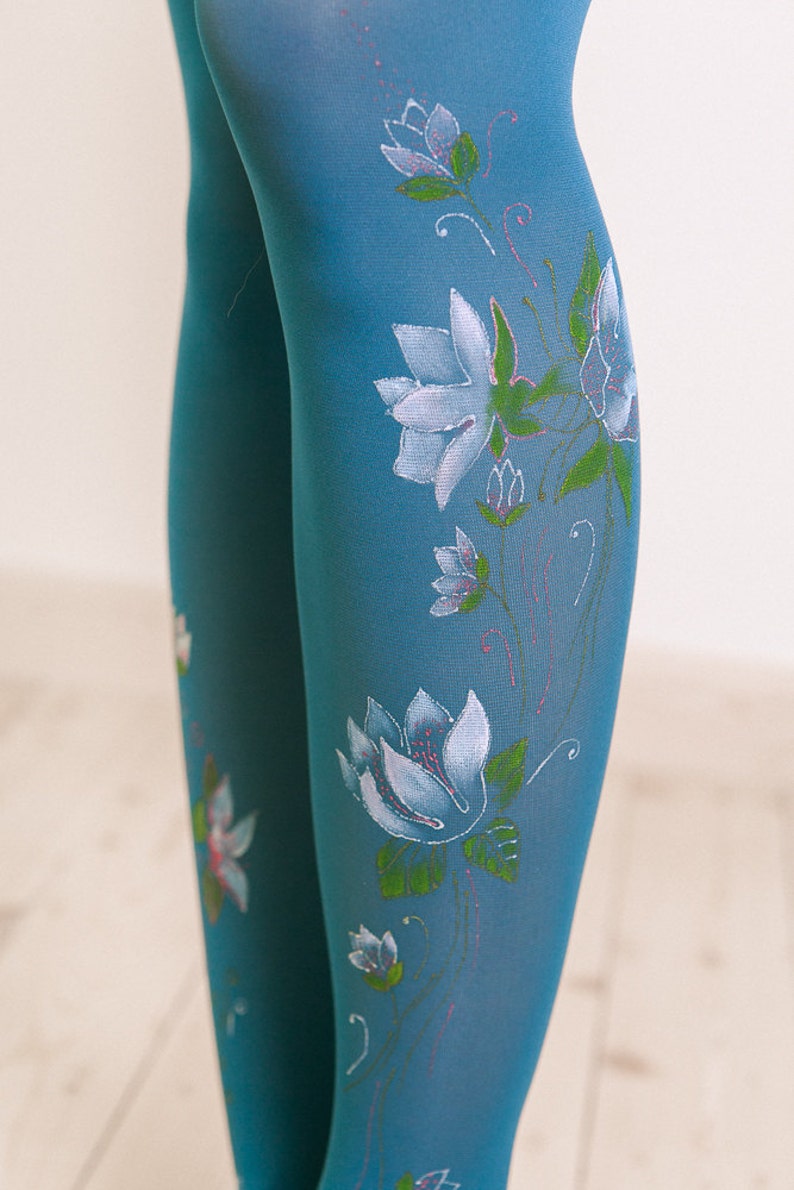 Unique tights for women with hand painted motives Water lilies image 3