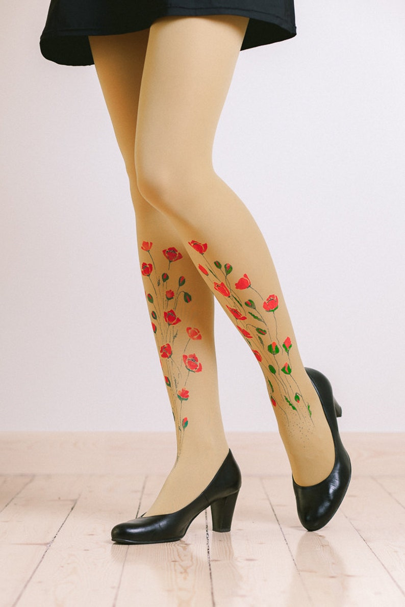 Unique tights with hand painted motives Poppies image 1