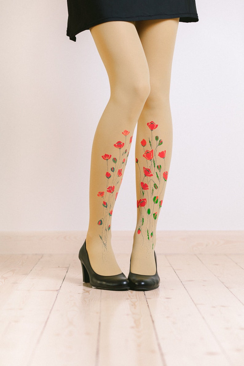 Unique tights with hand painted motives Poppies image 3