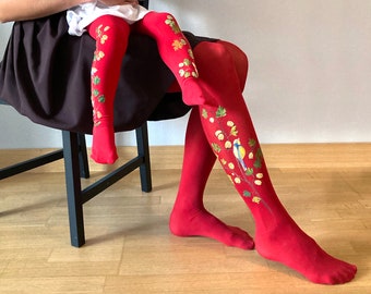 Matching red tights for mom and kid with hand painted motives - Gooseberries