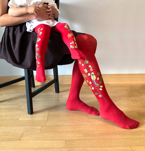 Buy Matching Red Tights for Mom and Kid With Hand Painted Motives Gooseberries Online in India Etsy