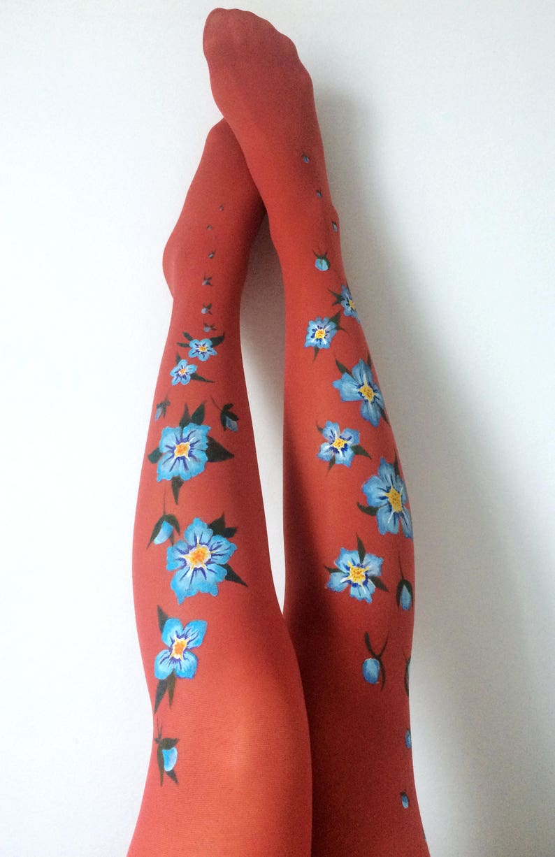 Unique tights for women with hand painted motives Forget Me Not image 2