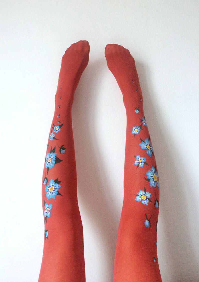 Unique tights for women with hand painted motives Forget Me Not image 1