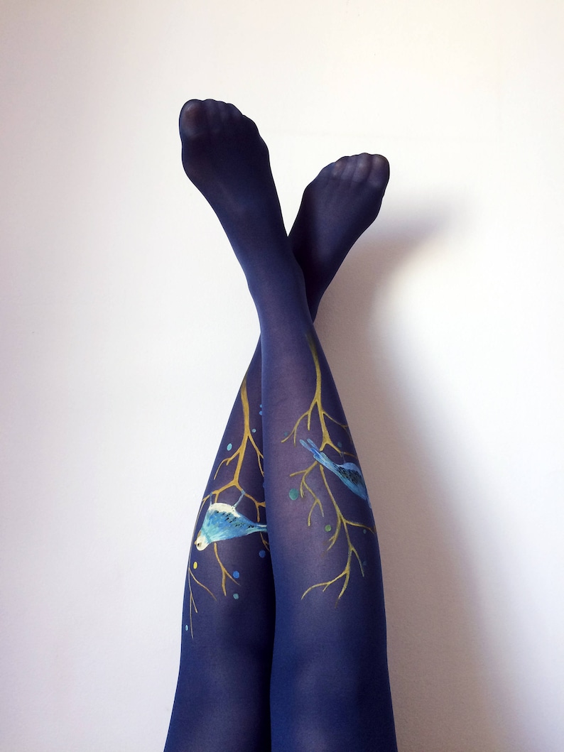 Unique Tights for Women With Hand Painted Motives Blue Birds Etsy