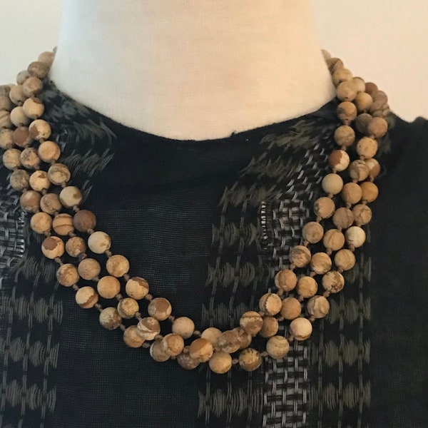 Picture jasper hand-knotted extra long necklace | One Long strand can be doubled | Boho Pearls | Vintage Genuine Stone Necklace |Earth Tones