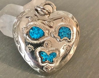 Vintage Trifari Silver Tone Turquoise Inlay SW Design Heart Pendant | Valentines Day Gift