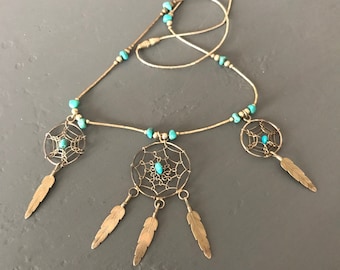 Sterling dreamcatcher necklace | Liquid Silver Dreamcatcher with Sterling feathers and turquoise nuggets | Vintage southwest necklace