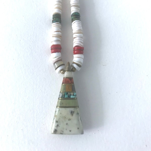 Santo Domingo Triangle Tab Inlay Necklace |Serpentine stone lPueblo Southwest Heishi | Native American (Kewa) Intarsia Pendant | Graduated