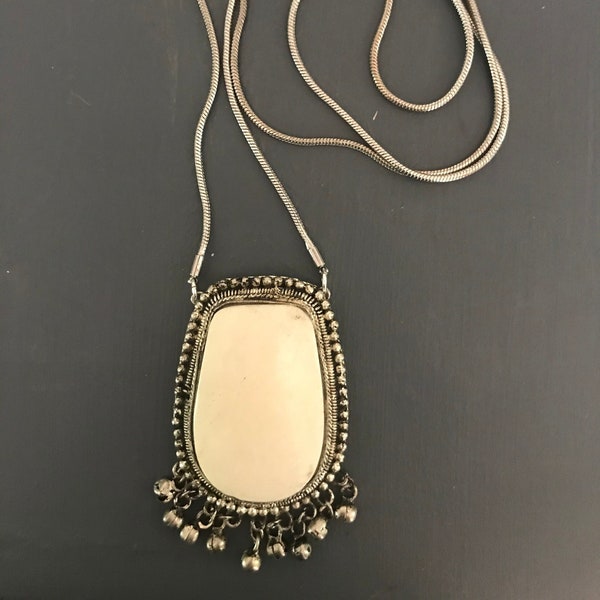 Oval-ish shape Tibetan antiqued silver naga conch shell pendant | Vintage tribal design | Silver fringe