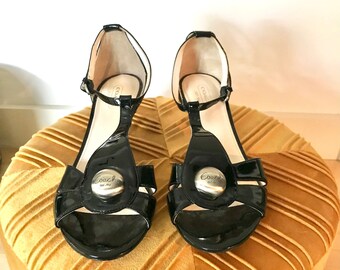 Coach Helena Soft Patent T-strap sandals | Vintage Coach Sandals | Kitten Heel Black Sandals | Size 8 | 90s Sandal