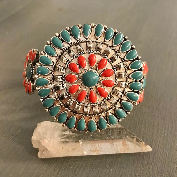 Faux Petit Point Cuff |Southwestern  Silver tone & blue faux turquoise red faux coral cabochons |Vintage cuff bangle bracelet