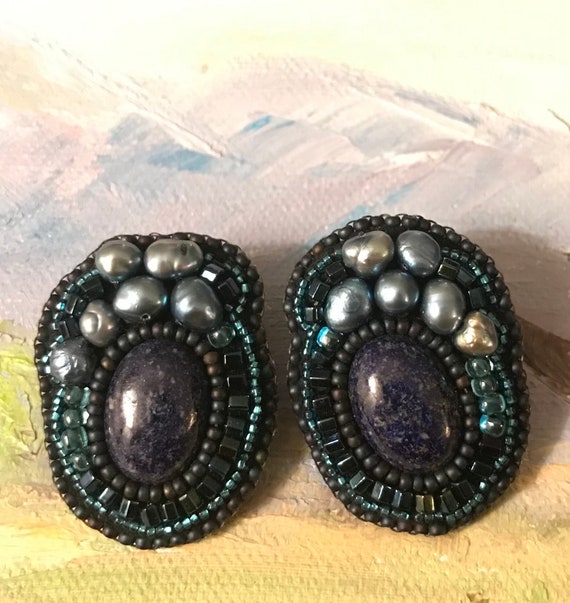 Vintage 80s lapis and pearl statement earrings | … - image 1
