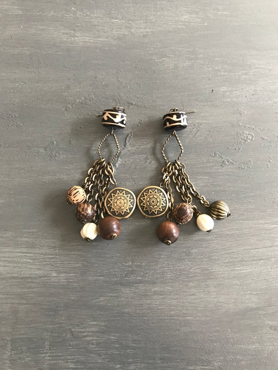 Tribal Dangle Earrings | Brass, wood, clay and res
