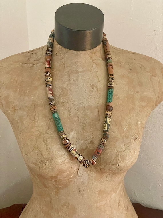 Peruvian Clay Bead Necklace | Vintage Clay Statem… - image 2