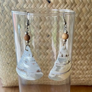 May include: A pair of seashell earrings. Each earring features a pearlescent, triangular shell pendant with brown accents, suspended from a silver-tone hook. A wooden bead and smaller silver beads are also part of the design. The earrings are displayed in a clear glass.