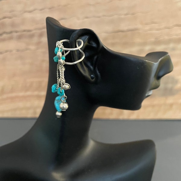 Turquoise Bead Long Ear Wrap | Ear Cuff | Ear Charms | Vintage silver turquoise ear clips | Southwestern