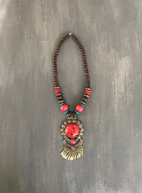 Tibetan Necklace Pendant | Wood and Resin Necklace