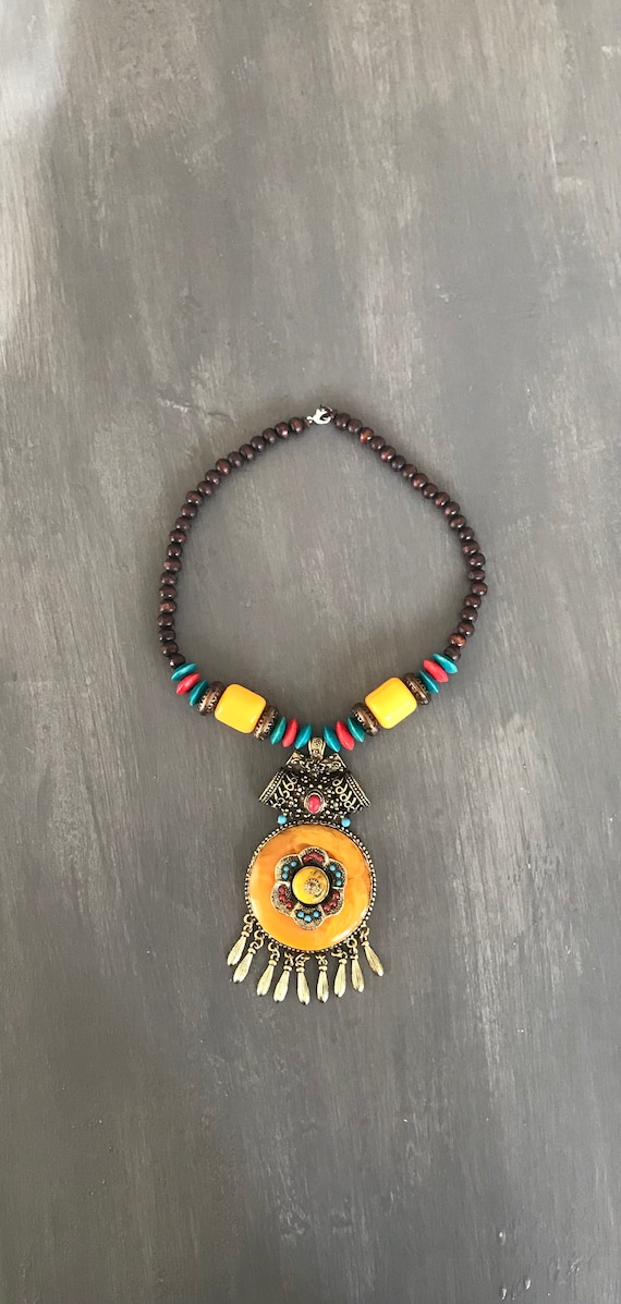 Tibetan Necklace Pendant | Wood and Resin Necklace