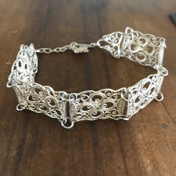 Silver Filigree, delicate, handmade, unique, link, artisan, filigree adjustable, fringe, ethnic, boho, tibet, Indonesia, panel link bracelet