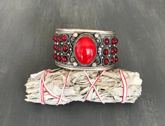 Red Tribal Cuff | Ethnic Bracelet | Indonesian Si… - image 1