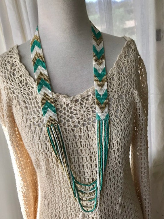 Chevron seed bead Necklace |Green, white and Gold… - image 3