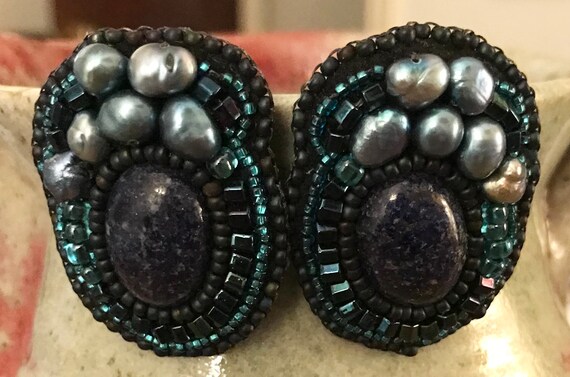 Vintage 80s lapis and pearl statement earrings | … - image 2