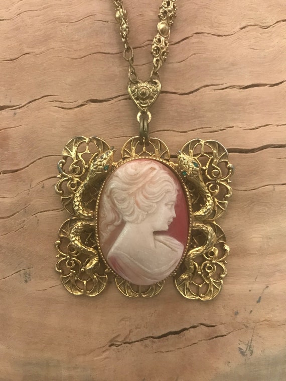 Large Gothic Cameo Necklace with 2 Serpents | Ant… - image 1