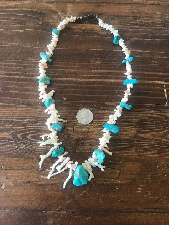 White Coral and Turquoise Necklace w/ Desert Pear… - image 5