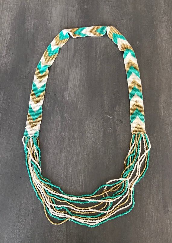 Chevron seed bead Necklace |Green, white and Gold… - image 1