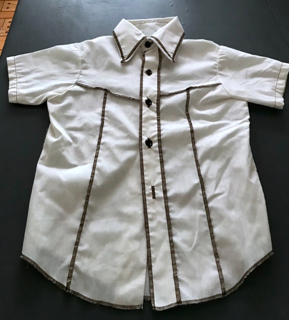 Vintage 70s Kids Cream chambray button down with … - image 2
