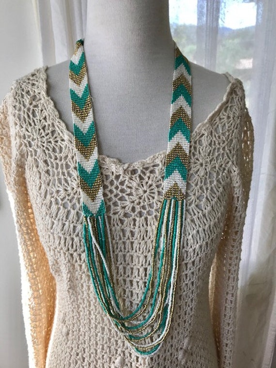 Chevron seed bead Necklace |Green, white and Gold… - image 2