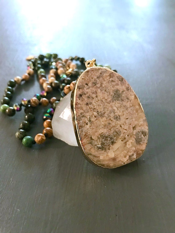 Beaded Jasper Pendant Necklace | Long Knotted Neck