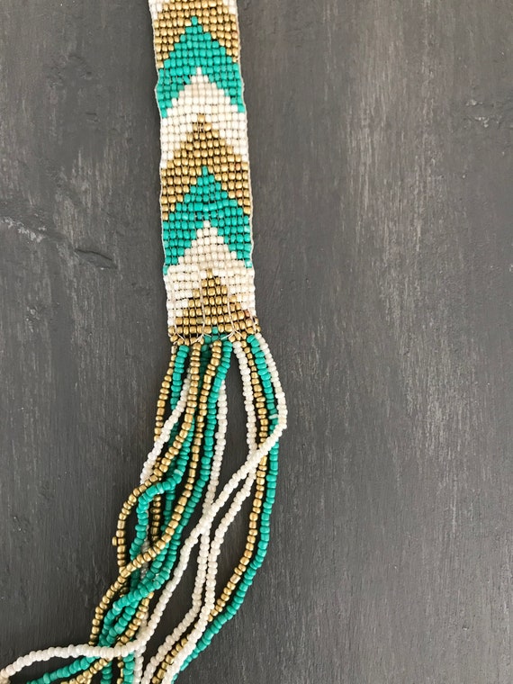 Chevron seed bead Necklace |Green, white and Gold… - image 10