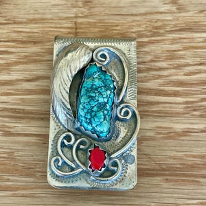 Nickel Silver Money clip | Vintage Western money clip with turquoise and coral