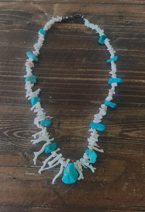 White Coral and Turquoise Necklace w/ Desert Pear… - image 3