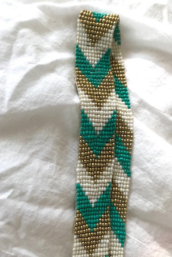 Chevron seed bead Necklace |Green, white and Gold… - image 6