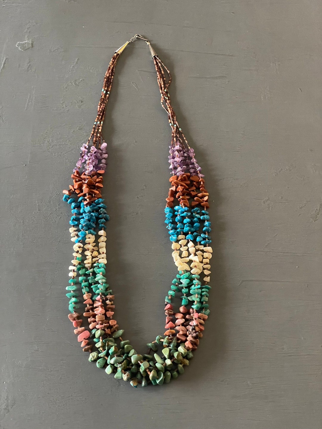 Native American Buffalo Bone Heishi Necklace – Sterling Silver, Turquoise, Coral, Onyx, Handmade By S. Duncan
