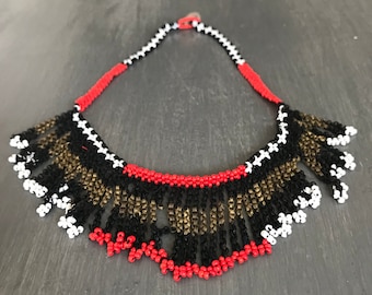 Seed Bead Necklace with Fringe | Seed Beads and Chain Fringe | Beadwork | Bib Necklace | Southwestern Design | Vintage Necklace |  Statement