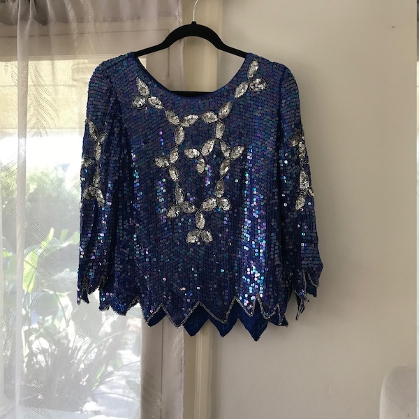 Purple/Blue Sequin Top With Silver Detail | MIEU brand | Vintage 80s | 100% Silk | Made in India