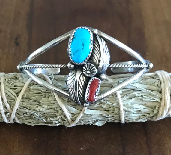 Navajo Double Stone Sterling Silver Cuff Bracelet… - image 1