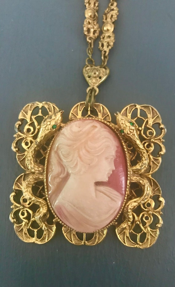Large Gothic Cameo Necklace with 2 Serpents | Ant… - image 2