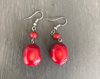 Red Bamboo Coral Drop Earrings | Dangle Earrings | Gemstone Earrings | vintage earrings | Mid Century earrings