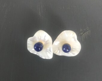 Lapis Mother of Pearl Earrings | vintage unique earrings | Gemstone | Semi Precious | Stud Earrings with Flower